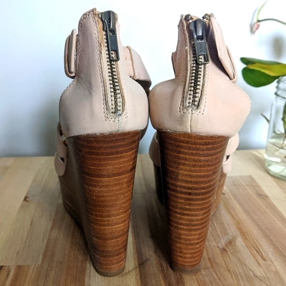 aldo Nude Leather Platform Sandals Wood Wedge Heel 7.5 - Picture 4 of 11